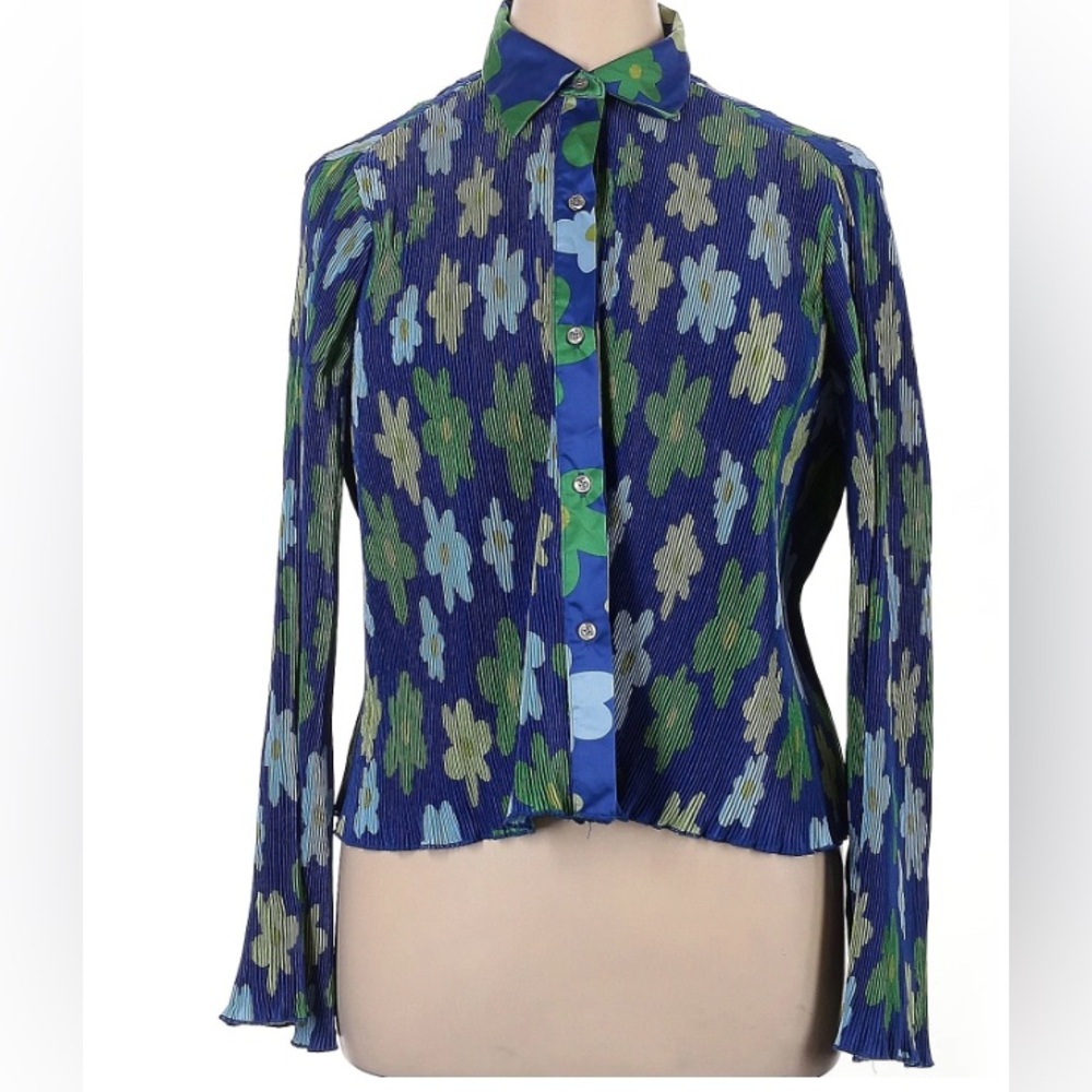 SAMMY B Stretchy Comfortable Button Down Blouse Pleated Plisse 3X Blue  NWOT